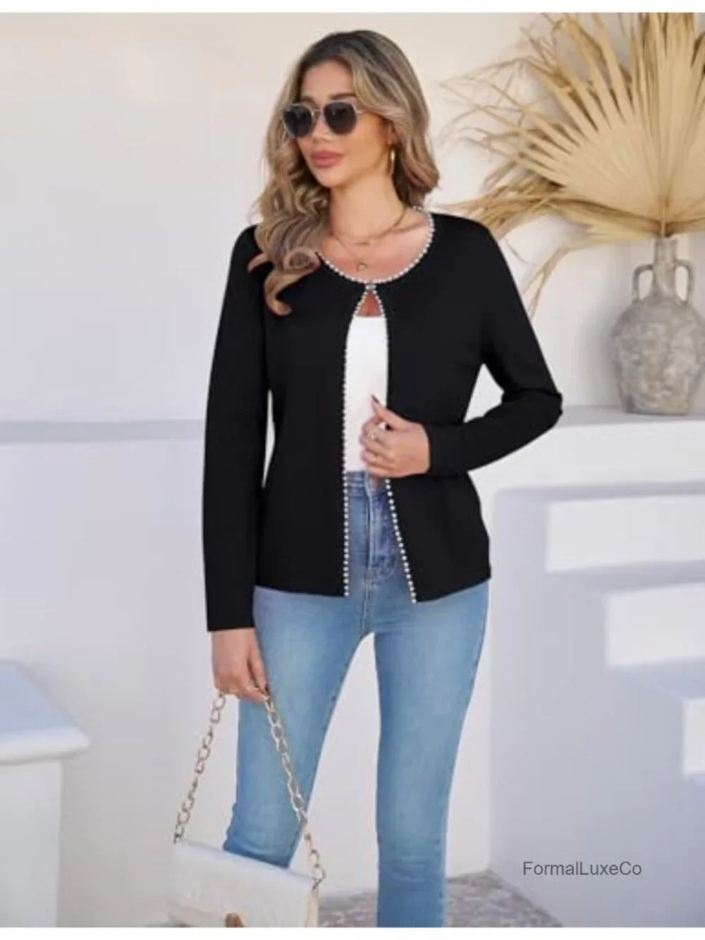Women Lightweight Pearl Trim Open Front Cardigan Knit Jacket Long Sleeve